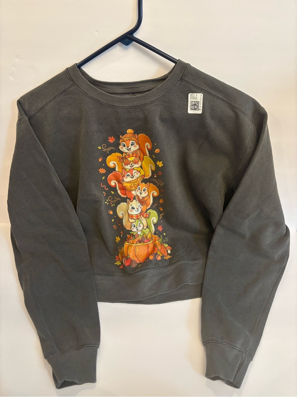Adorable Autumn Fall Squirrels Pumpkin Leaves Women’s Crop Sweatshirt Size L